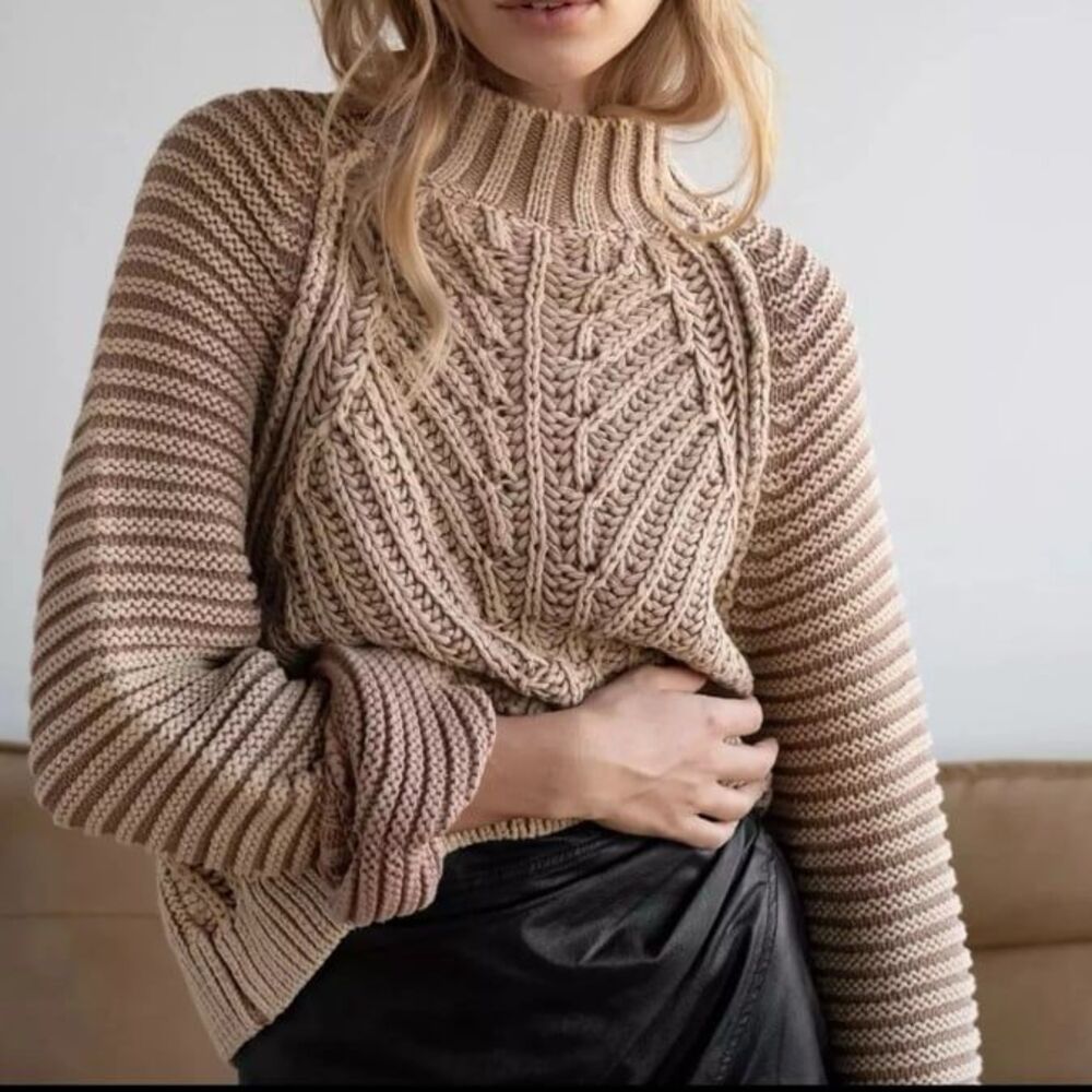 Free People Sweater Sweetheart Chunky Rib Knit Pullover Tan mock neck sweater